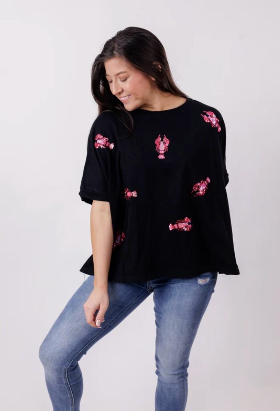 Fantastic Fawn Sequin Lobster Party Oversized Tee Shirt Black Small